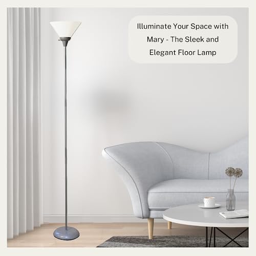 LIGHTACCENTS Mary Torchiere Floor Lamp ? Silver Standing Lamp with White Shade and Rotary Switch, Modern Pole Light for Living Room, Bedroom, Office, or Dorm ? Slim Minimalist Design