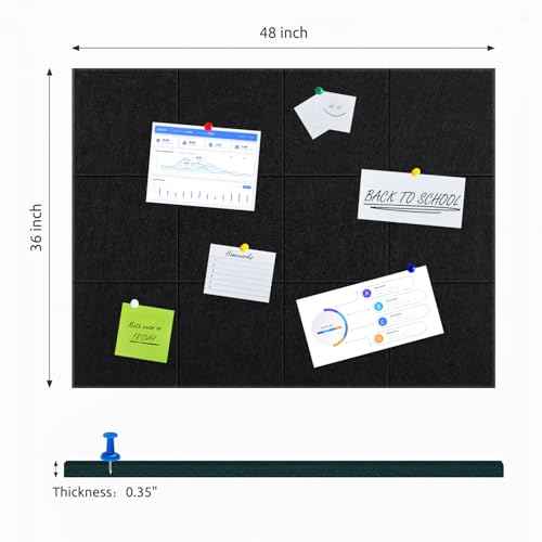Cork Board for Wall,48"x36" 12 Pack Felt Wall Tiles with Safe Removable Adhesive Tabs, Bulletin Boards for Home Office Kitchen, Pin Board Notice Board for Photos, Memos, Black