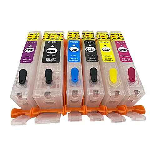 Empty Refillable Ink Cartridge and 6 Bottles Ink Compatible for Canon 280xxl 281xxl PGI-280XXL CLI-281XXL for PIXMA TS9120 TS8120 TS8220 TS8320 Printer (PGBK,BK,C,M,Y,Photo Blue) 6 Colors