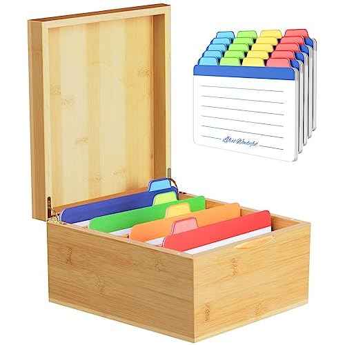 Neando Extra-Large Bamboo Index Card Organizer for 5x8 Cards ? Wooden Storage Box with Lid, 4 Compartments, 600-Card Capacity, Includes 20 Tabbed Guides ? Natural Filing Box for Home & Office
