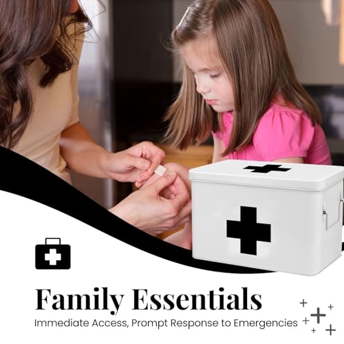 Flexzion First Aid Box Organizer Empty 13" White Vintage First Aid Kit Tin Metal Medical Box - First Aid Storage Box Container Bins with Dividers, Removable Tray and Black Cross Logo