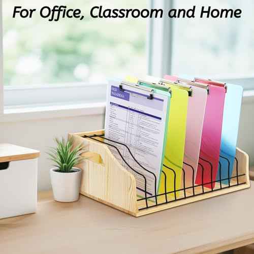 Youeon Vertical Clipboard Holder, 12 Slots Wood and Metal Clipboard Storage Rack, Desk File Organizer with Side Panel for Home, Office, School, No Assembly Required