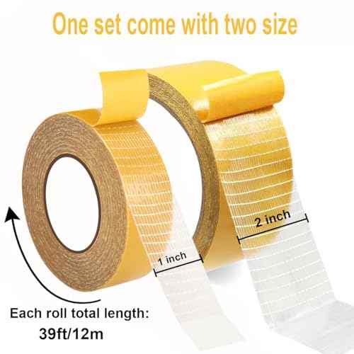 Double Sided Fabric Tape Heavy Duty, Hem Tape No Sew No lron for Pants, Curtains, Dresses, Jeans, 1inch+2inch x 39FT Strong Mounting Tape for Carpet Fixed, DIY Crafts