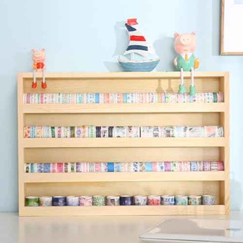 4 Layers Wood Washi Tape Box Organizer Storage with Hanging Hook,Masking Tape Desktop Tape DIY Sticker Roll Tape Cutter Holder Storage,Divider Closet Container Holder for Sewing,Thread