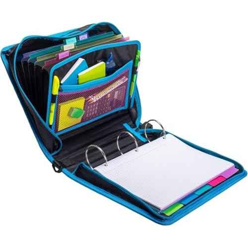 Case-it Mighty Zip Tab School Zipper Binder | 3-Inch O-Rings, 600-Sheet Capacity, 5-Subject Expanding File Folder, Multiple Pockets & Storage Organizer, Shoulder Strap | D-146 Monster Design Purpal