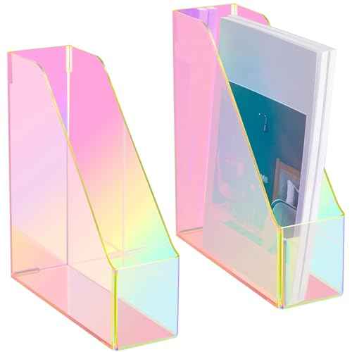 2 Pcs Iridescent Vertical Magazine File Holder Acrylic Magazine Holder Storage Organizer Plastic Clear Acrylic Rack for Office Classroom Home Document Paper Book Collection