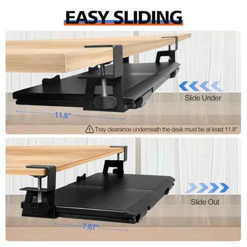 Large Keyboard Tray Under Desk Slide Out with Sturdy C-Clamp Mount and Storage Drawer, 27" (31" Including Clamps) x 12" Ergonomic Keyboard Trays for Home and Office, Black