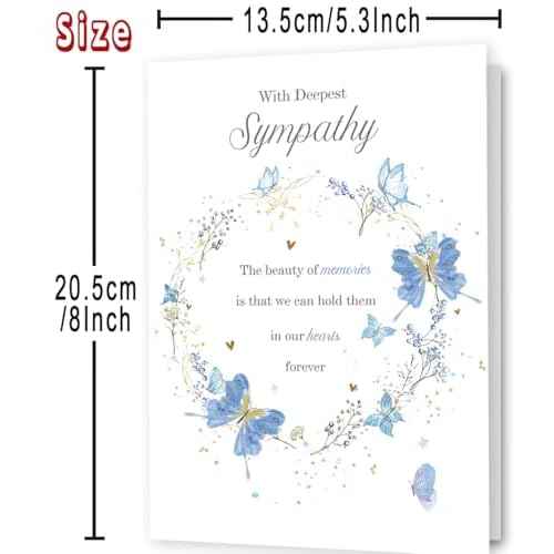 Sympathy Cards with Blue Butterfly Design, Elegant Condolence Greeting Card for Loss, Double-Sided 8 x 5.3 Inch with Envelope