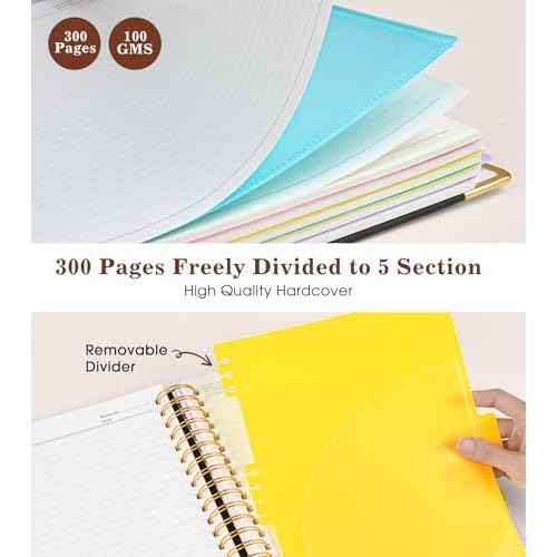 Hardcover Large Spiral Notebook 8.5" x 11" with Removable Dividers Tabs, 300 Pages Leather 5 Subject Notebook College Ruled, A4 Journal for Women Men, Notebooks for Work School Note taking,Black