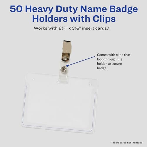 Avery Heavy Duty Badge Holders, 2.25" x 3.5", 50 Horizontal Name Badge Holders with Clips (2921)