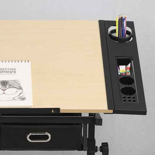 Kelligo Adjustable Drafting Table, Adjustable Drawing Drafting Table Desk with 2 Drawers for Home Office and School with Stool (White Oak)