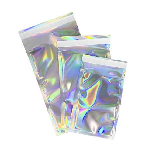 PABCK 100 Pack 2.95x3.94+1.18 inch Holographic Metallic Poly Mailers Self Sealing Packaging Aluminum Foil Glitter Bags Shipping Envelopes Mailing Storage Pouches for Shipping Packaging