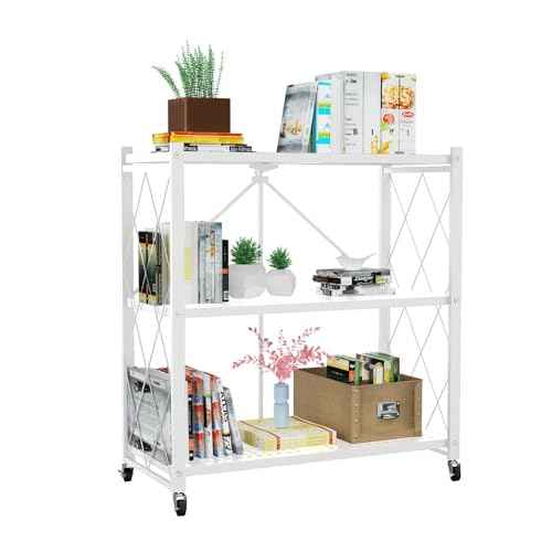 Foldable Storage Shelf with Wheels - Metal Collapsible Shelving Unit Display, Rolling Cart for Books Kitchen Storage Shelves, Pantry & Closet Organizer, Office Room Decor
