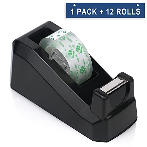 BOMEI PACK Black Desk Tape Dispenser 1 Pack with 12 Rolls Clear Tape, 1in Core