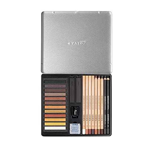 LYRA - Metal box of pastels and sketching pencils brown tones + accessories - 25 pieces