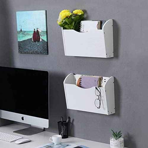 PAG Wall File Holder Wall Mounted Wood Hanging File Organizer for Office, 2 Pockets, White