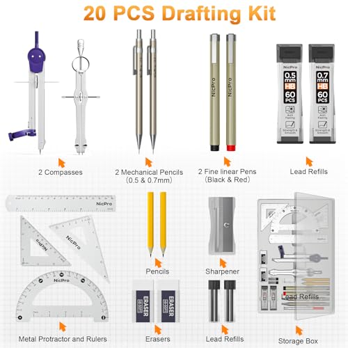 Nicpro 20PCS Professional Geometry Drafting Set with Compass, Protractor, Ruler & Pencils