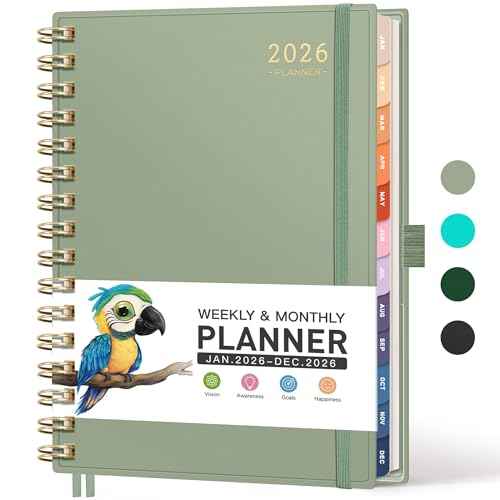 RETTACY 2026 Planner, Weekly and Monthly, Medium Size (5.7" x 8.3"), 2026 Calendar, Jan 2026 - Dec 2026, 12-Month Tabs, Flexible Plastic Cover, 100 GSM Thick Paper, Spiral-bound (Light Green)