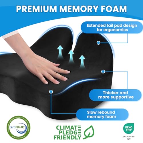 CushZone Large Black Ergonomic Seat Cushion for Sciatica & Office Chair Support