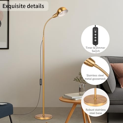 Gold Floor Lamp with Flexible Gooseneck and Rotatable Shade£¬Standing Lamp Include Dimmer LED Bulb£¬Ideal Tall Lamp with Dimmer and Timer Switch for Reading,Bedside and Living Room (Gold)