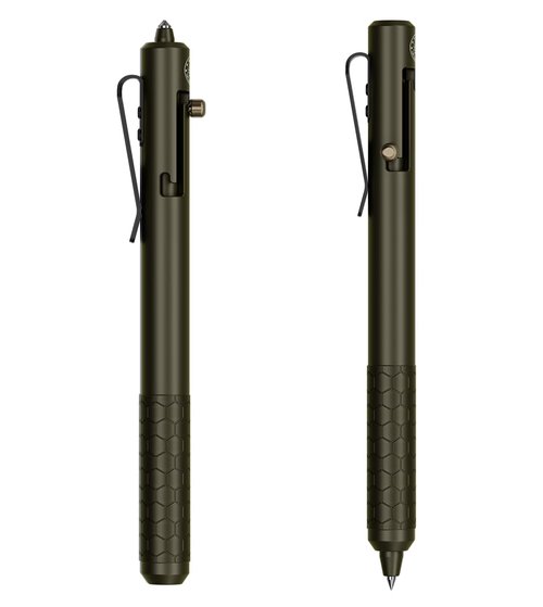 Off-Grid Knives BOLT Tactical Pen with Tungsten Carbide Glass Breaker, Overbuilt Bolt Action XL Writing Tool, Aircraft Aluminum, German Ink, Stainless Steel Clip (Camo Green)