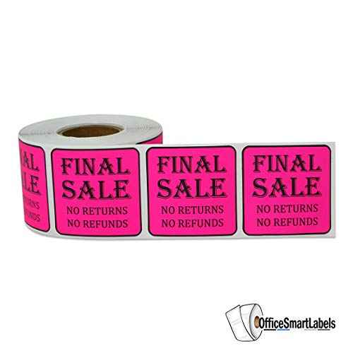 Final Sale Stickers - No Returns No Refunds - 1.5 x 1.5 Inch Square in Neon Pink for Retail Grocery Clearance Final Sales Garage Yard Sale Rummage Sale Thrift Stores Labels - 300 Labels per Roll