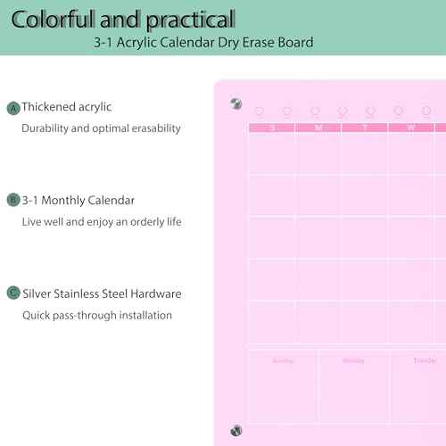 Large Acrylic Calendar for Wall,24"X16",Acrylic Dry Erase Calendar for Wall,Pink Dry Erase Board for Home/Office