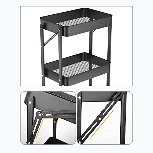 XIWODE 3 Tier Folding Metal Rolling Cart with Wheels,Black Mobile Organizer Service Cart for Kitchen Bathroom Office,No Assembly Need Trolley Shelf