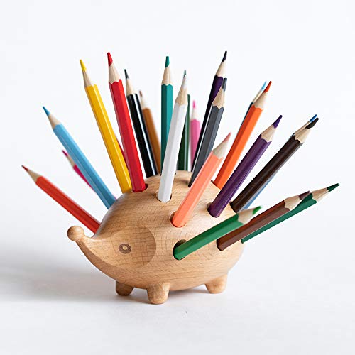 SANDECO Hedgehog Wooden Pen Cup Pencil Holder for Desk Decor Organizer Creative Home Tabletop Ornament Lovely Gift Wooden Storage
