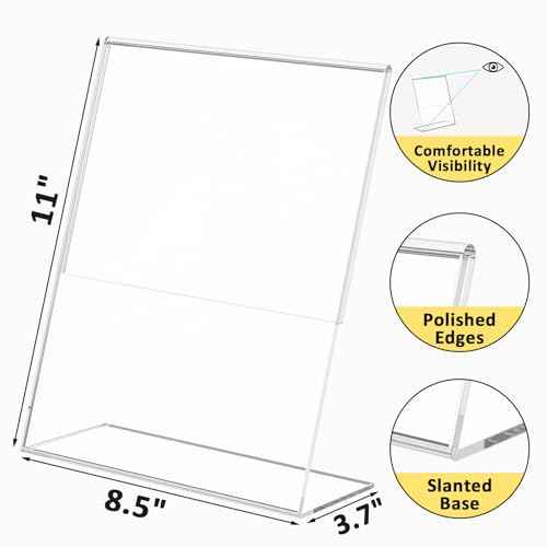 4 Pack Acrylic Sign Holder 8.5x11, Clear Plastic Slanted Back Sign Holders, Desktop Papers Menus Frame Flyer Document Holder Display Stand for Coffee Shops, Hotels, Offices, Public Spaces