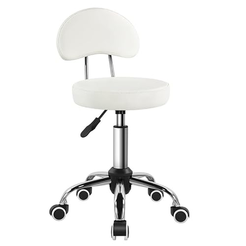KKTONER Rolling Stool with Mid Back Height Adjustable Chair PU Leather Swivel Chair with Wheels for Office Home Task Drafting (White)