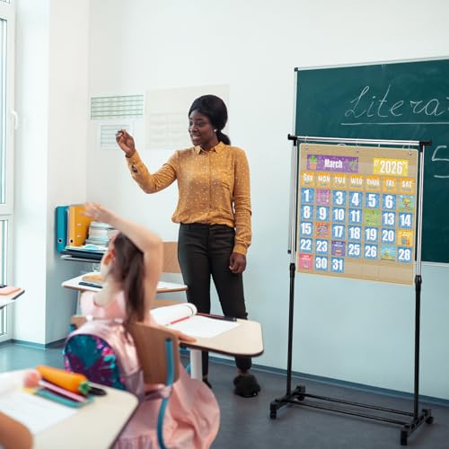 Black Adjustable Pocket Chart Stand with Wheels for Classroom & Organization