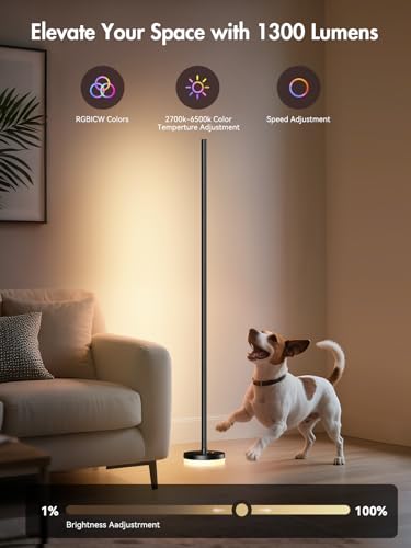 OIYN 1 Pack RGBICW LED Corner Floor Lamp with App & Remote Control, Music Sync, 1300lm, Modern Standing Light for Bedroom & Living Room