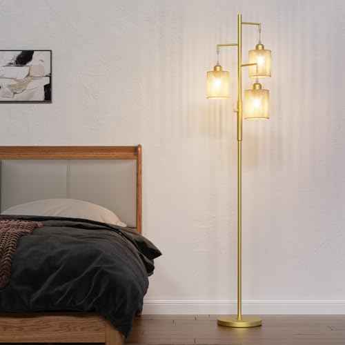 Hotsonic 72" Tall Boho Floor Lamp, Dimmable Standing Lamp with Handcrafted Rattan Beige Shade, Industrial Tree Floor Lamps for Living Room, Bedroom, Study Room, Office(3x800LM LED Bulbs Included)-Gold