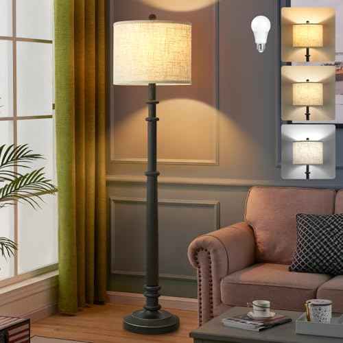 Floor Lamps for Living Room - 60" Resin Farmhouse Floor Lamp with 3 Color Temperatures - Vintage Standing Lamp Reading Light with Linen Shade Retro Tall Lamp for Bedroom Office, Black