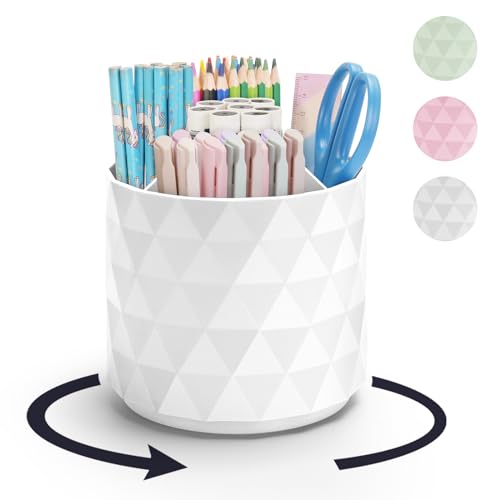 Minimaliving White Desk Organizer with Sparkling Diamond Design, 360° Rotating Pen Holder, 5 Compartments Office Storage Caddy