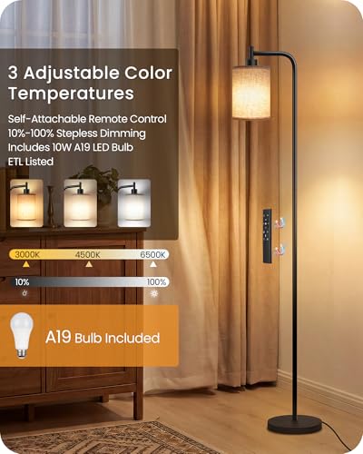 GOEBLESON Dimmable Floor Lamp for Living Room with Remote & 10W Bulb - Black + Beige