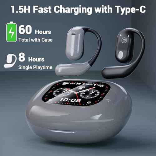 Souroyea Real Time Translation Earbuds 144 Languages AI Translator Open Ear Headphones with LCD Screen,Instant Two-Way Translating & Recording for Foreign Language Learning/Travel/Business (Grey)