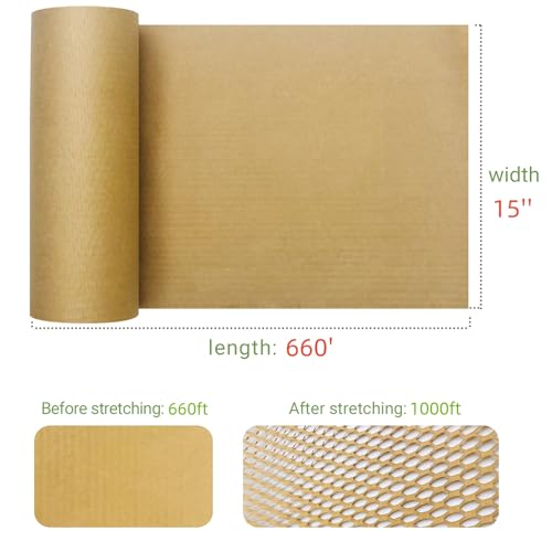 Dish Packing Kit Moving Supplies 15" x660' Honeycomb Wrapping Paper, Large Recyclable Expandable Bubble Cushion Wrap Roll Packing Material for Fragile Items Breakables Plate Glassware Bottle, 80GSM