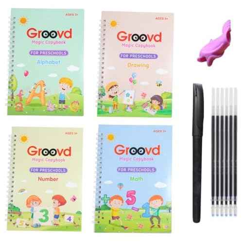 Children's Magic Copybooks - Reusable Grooved Writing Books for Kids - Handwriting Practice Workbooks, Calligraphy Learning Kit & Tracing Tools Set, 4 Books with Pen & Ink Refills (Ages 3-8)
