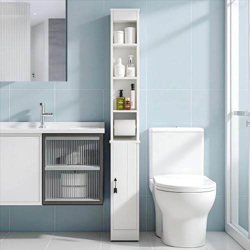 VECELO 71" Tall Bathroom Storage Cabinet, Narrow Storage Cabinet with Adjustable Shelves, Toilet Paper Rod and Magnetic Door, Freestanding Slim Bathroom Storage Cabinets for Small Space, White