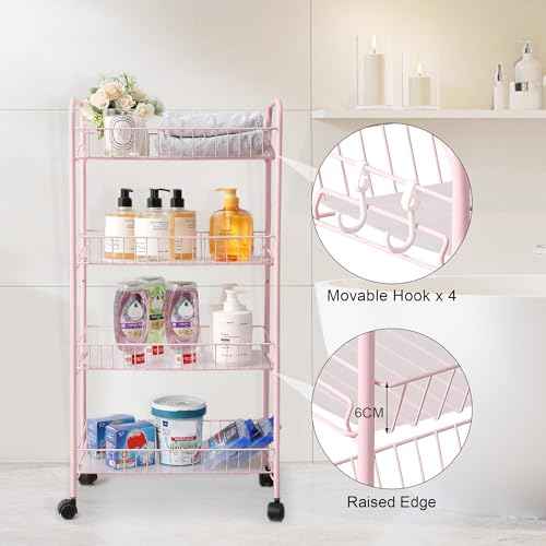 PLKOW 4-Tier Metal Rolling Utility Cart, Multi-Functional Storage Cart for Office, Living Room, Kitchen, Bathroom, Lightweight Organizer Cart with Wheels, Pink