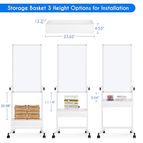 Maxtek White Magnetic Mobile Whiteboard on Wheels 40x24 with Storage Basket