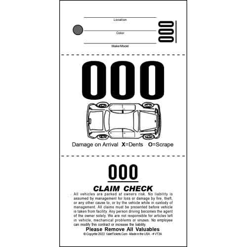 3 Part Valet Parking Tickets (1000 Tickets) on 110lb Card Stock with Car Diagram¡¦