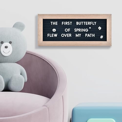 Small Felt Letter Board with 374 Letters, Numbers & Symbols - 12 x 5 inch Mini Changeable Message Board with Wooden Frame Wall Mount Hook (Black)
