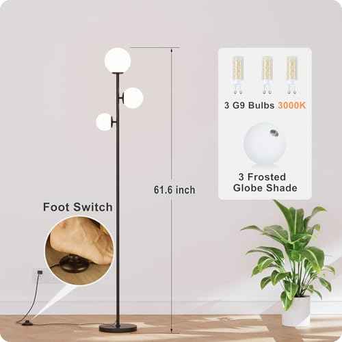 Floor lamp with 3 Frosted Glass Shades,Stangding Lamp Floor Lamps for Living Room Bedroom Office with 3 led Bulbs,Tall lamp with Foot Switch (Black)
