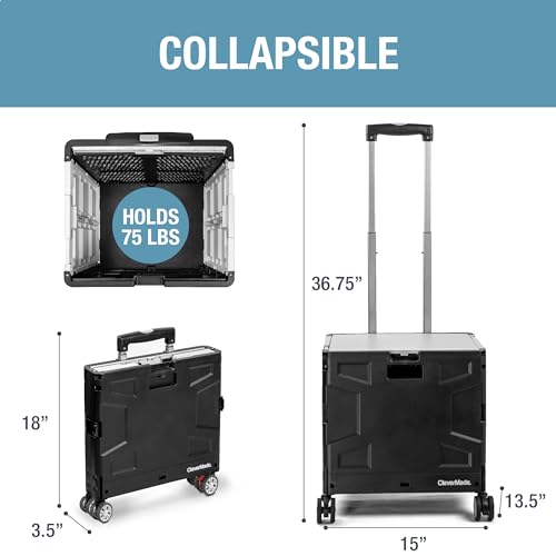 CleverMade Collapsible Wheeled Crate with Lid, 4-Wheels - Swivel and Glide Rolling Crate with Handle and Double Wheels for Easy Transport and Versatile Use - 35L and 75lb Capacity, Black/Cream