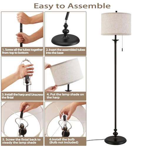 Luvkczc Black Floor Lamp, 60" Standing Lamp Tall Lamp with Fabric Lampshade&Pull Chain Corner Floor Lamps for Living Room, Bedroom & Office Bulbs Not Included