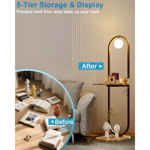 Lightdot 47-Inch Arch Floor Lamp, Modern Standing Lamp with Table, Black Metal Frame with Globe Shade, Living Room Bedroom Lighting, G9 LED Bulb Included