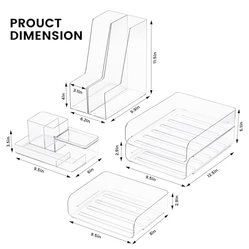 Desk Organizer with 2 Vertical File Holder, 4 Tier Stackable Paper Letter Tray File Organizer with 5-Compartments Pen Holder, Clear Desktop Organizer Office Organization and Storage